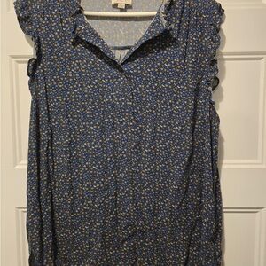 LOFT Blue and Yellow Floral Ruffle Blouse
